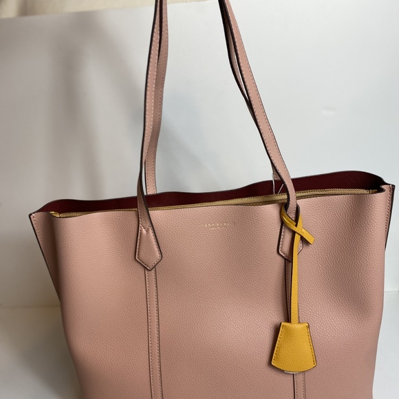 Tory Burch Perry Tote Pink Moon Medium Triple Compartment Pebbled Leather